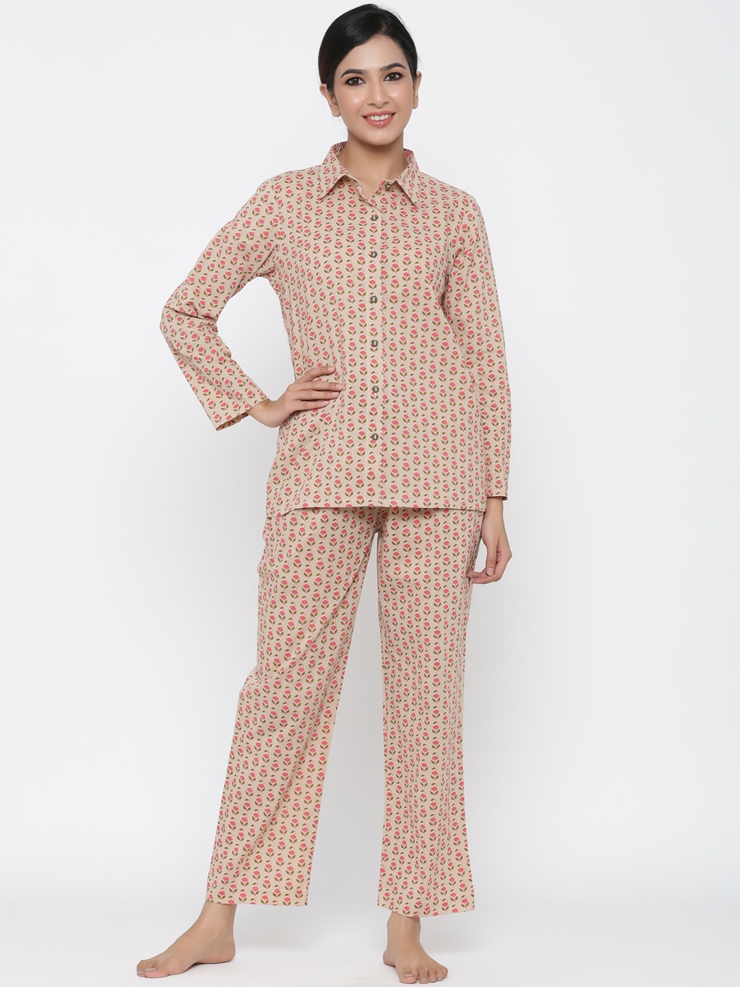 

Jaipur Kurti Women Beige & Pink Printed Night suit