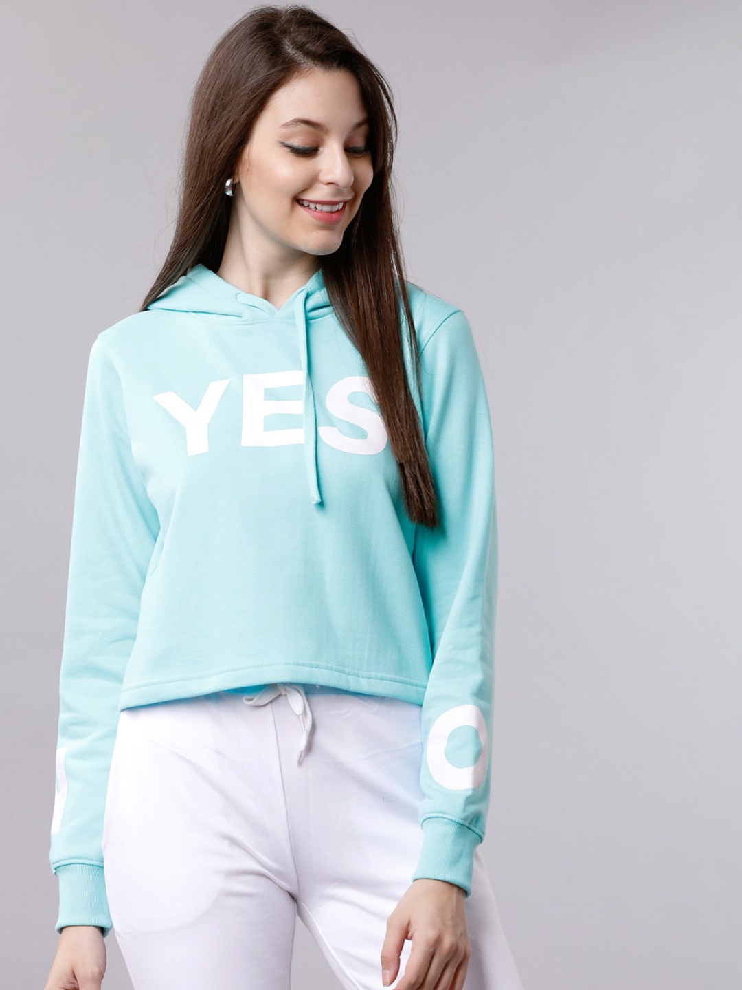 

Tokyo Talkies Women Aqua Blue & White Printed Hooded Sweatshirt