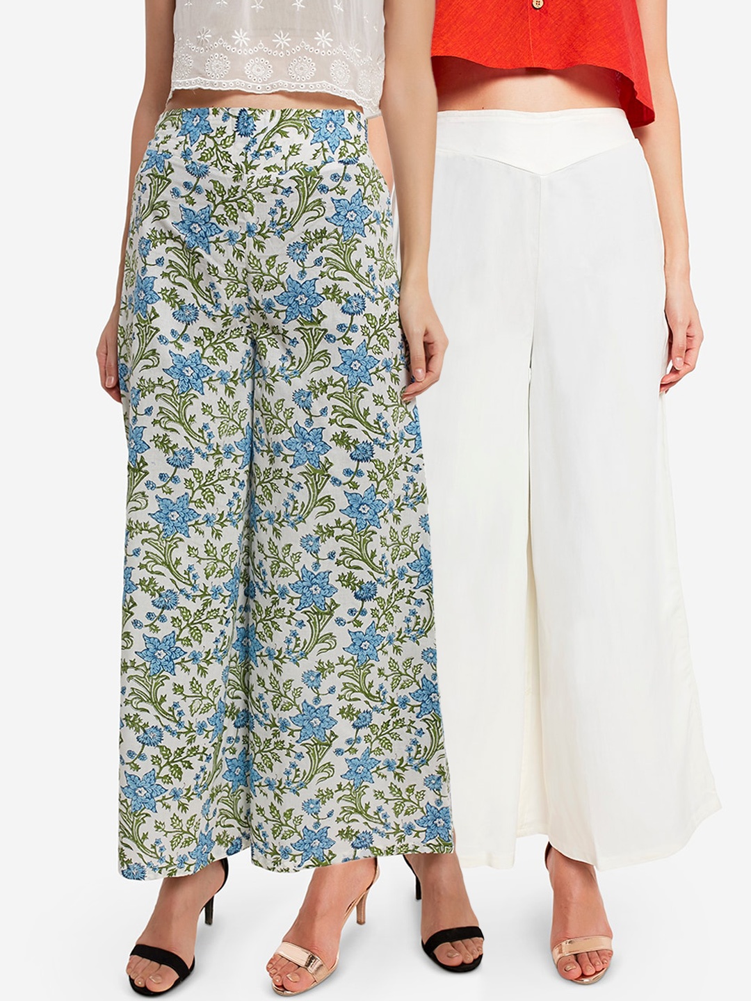 

Desi Weavess Women Pack Of 2 White & Blue Printed Flared Palazzos
