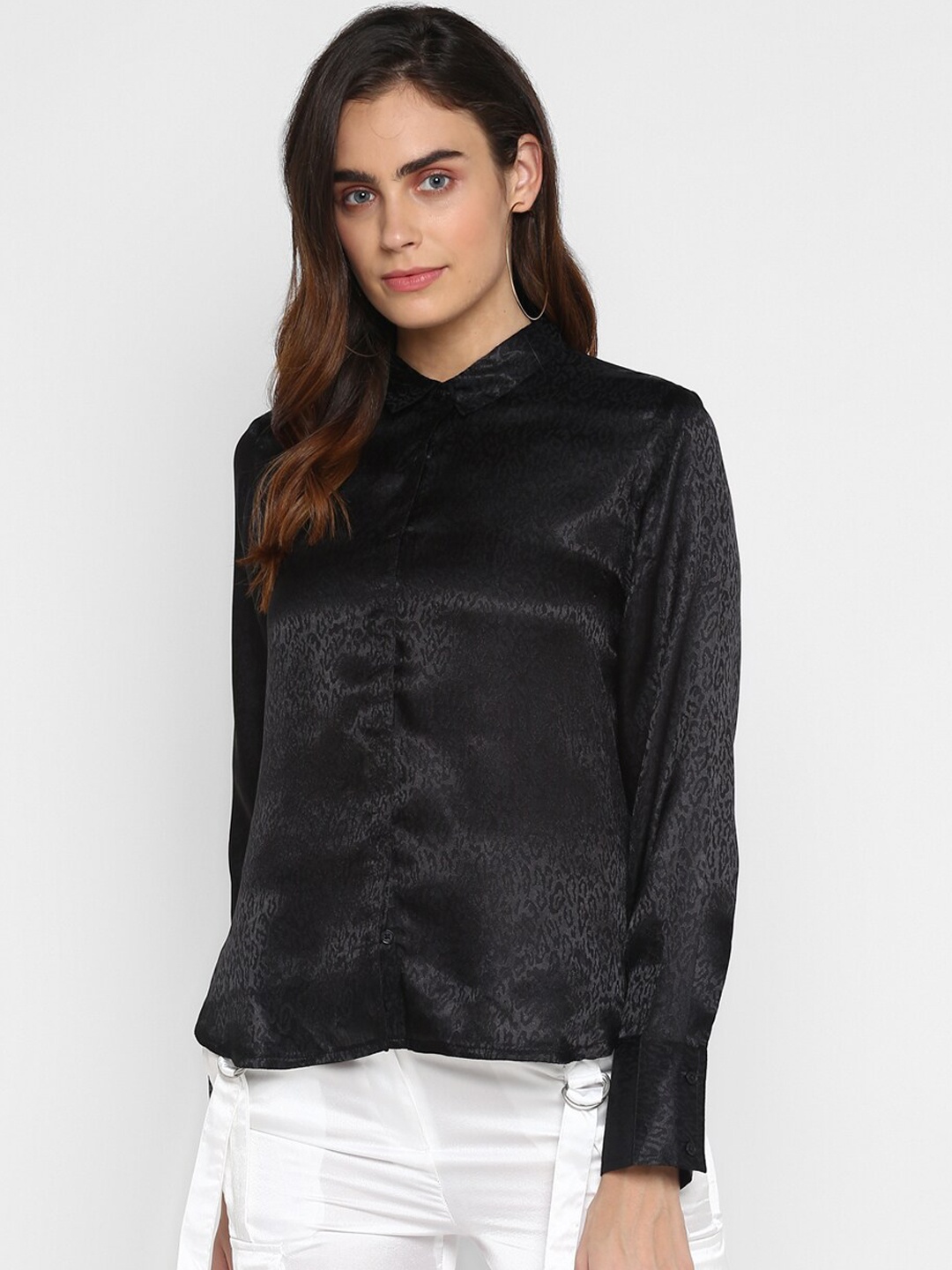 

HOUSE OF KKARMA Women Black Regular Fit Self Design Casual Shirt