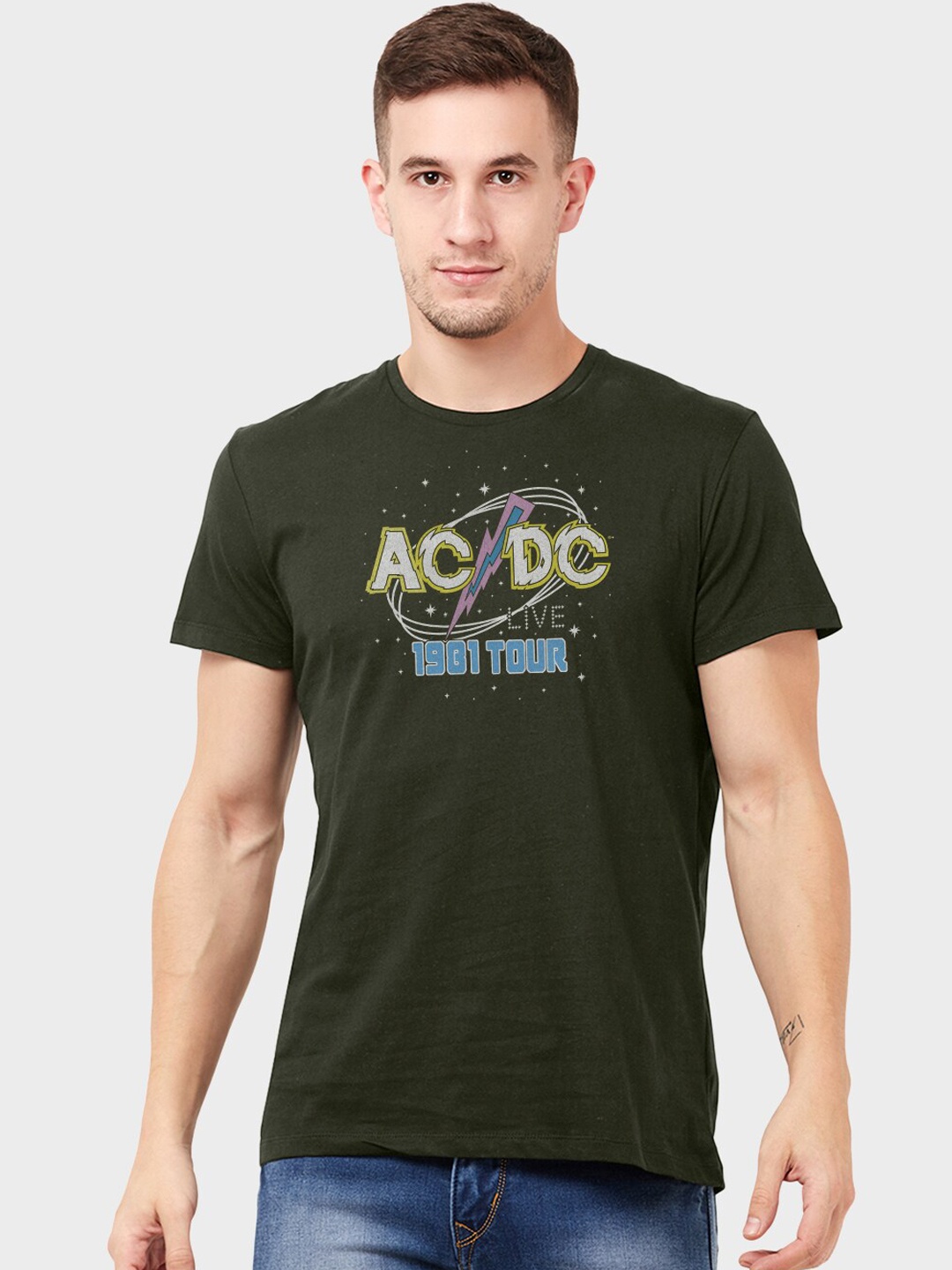 

Free Authority Men Olive Green ACDC Printed Round Neck T-shirt