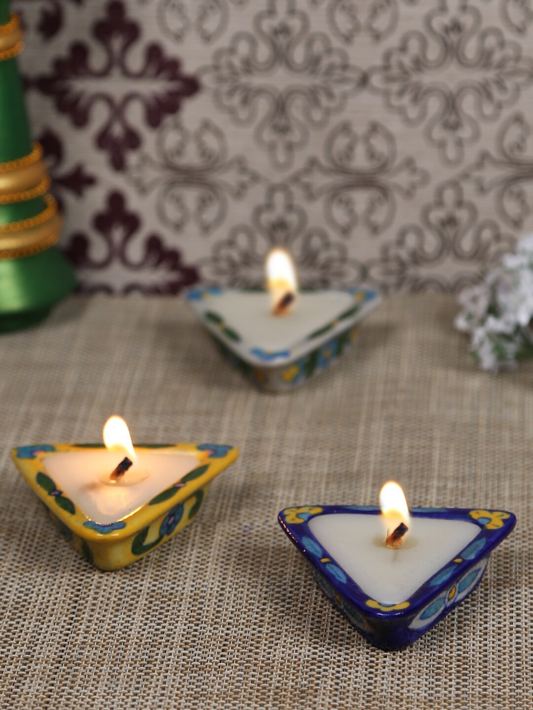 

Aapno Rajasthan Set of 3 Printed Triangular Ceramic Candle Diyas, Multi