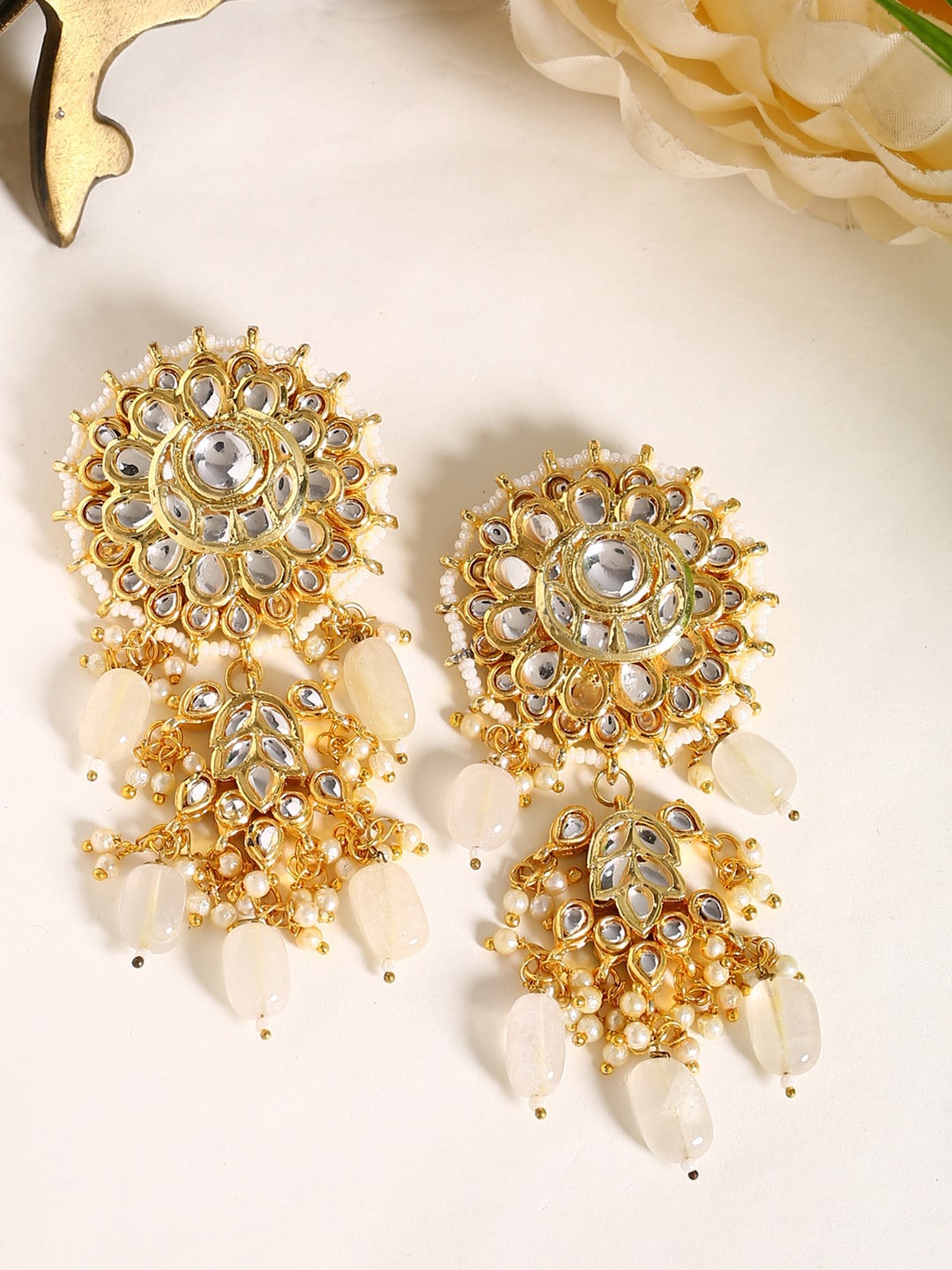 

Shoshaa White & Gold-Plated Handcrafted Kundan Circular Drop Earrings