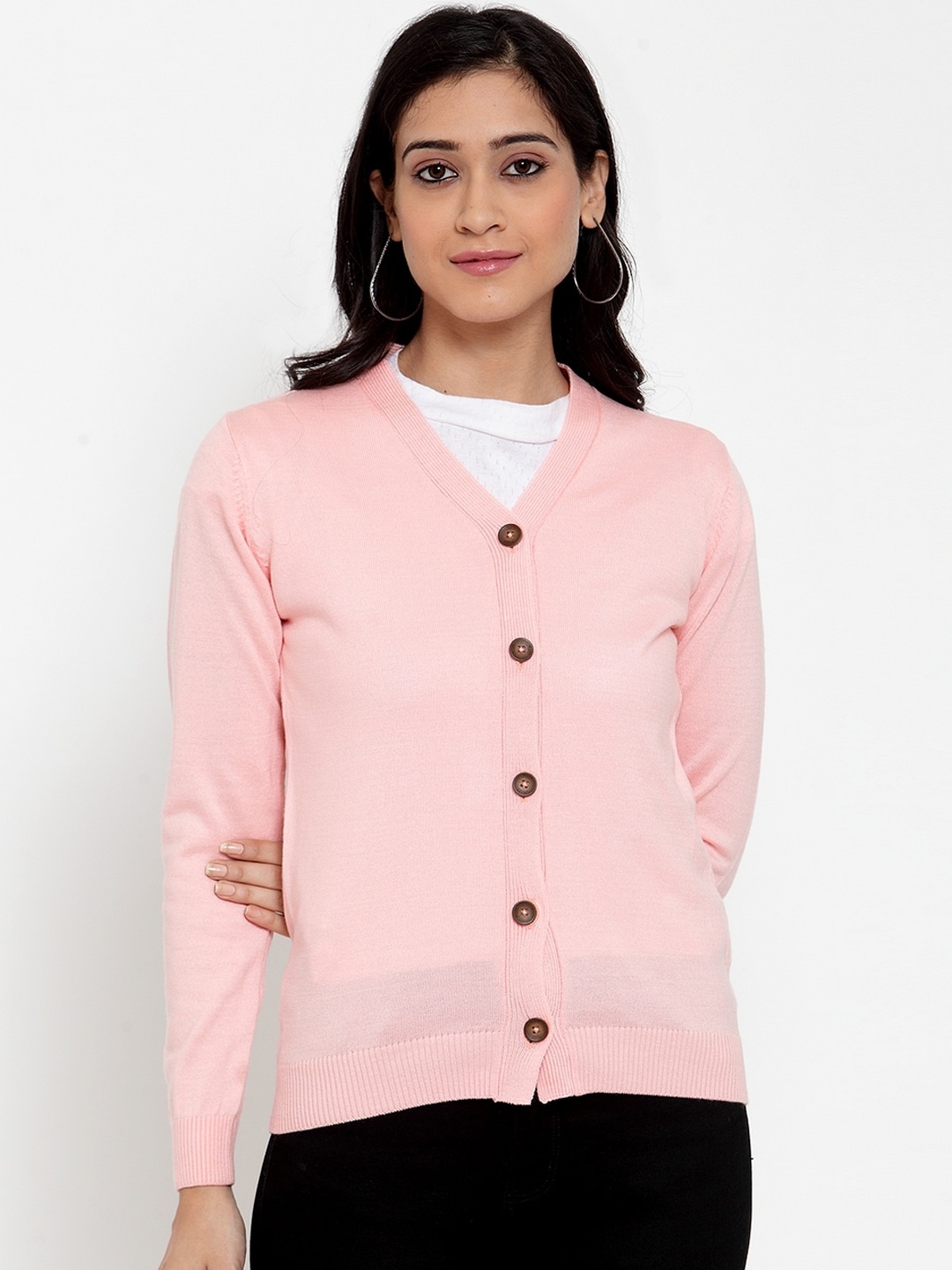 Kalt Women Acrylic Pink Solid Cardigan Sweater
