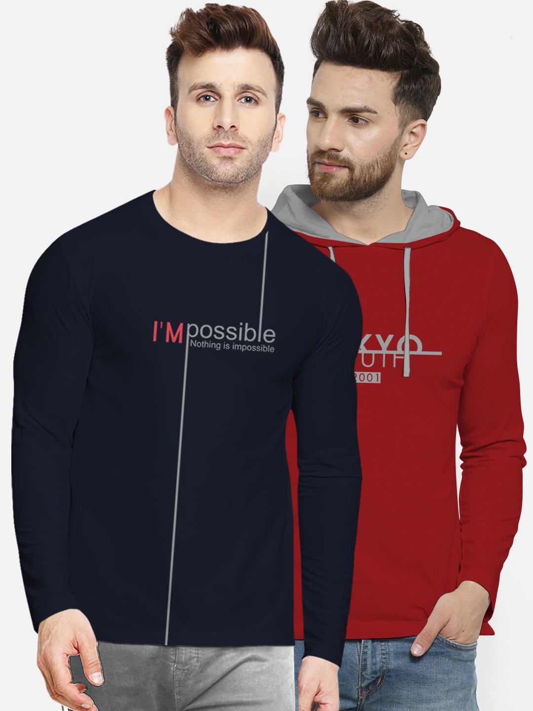 

BULLMER Men Pack Of 2 Printed Round Neck T-shirt, Red