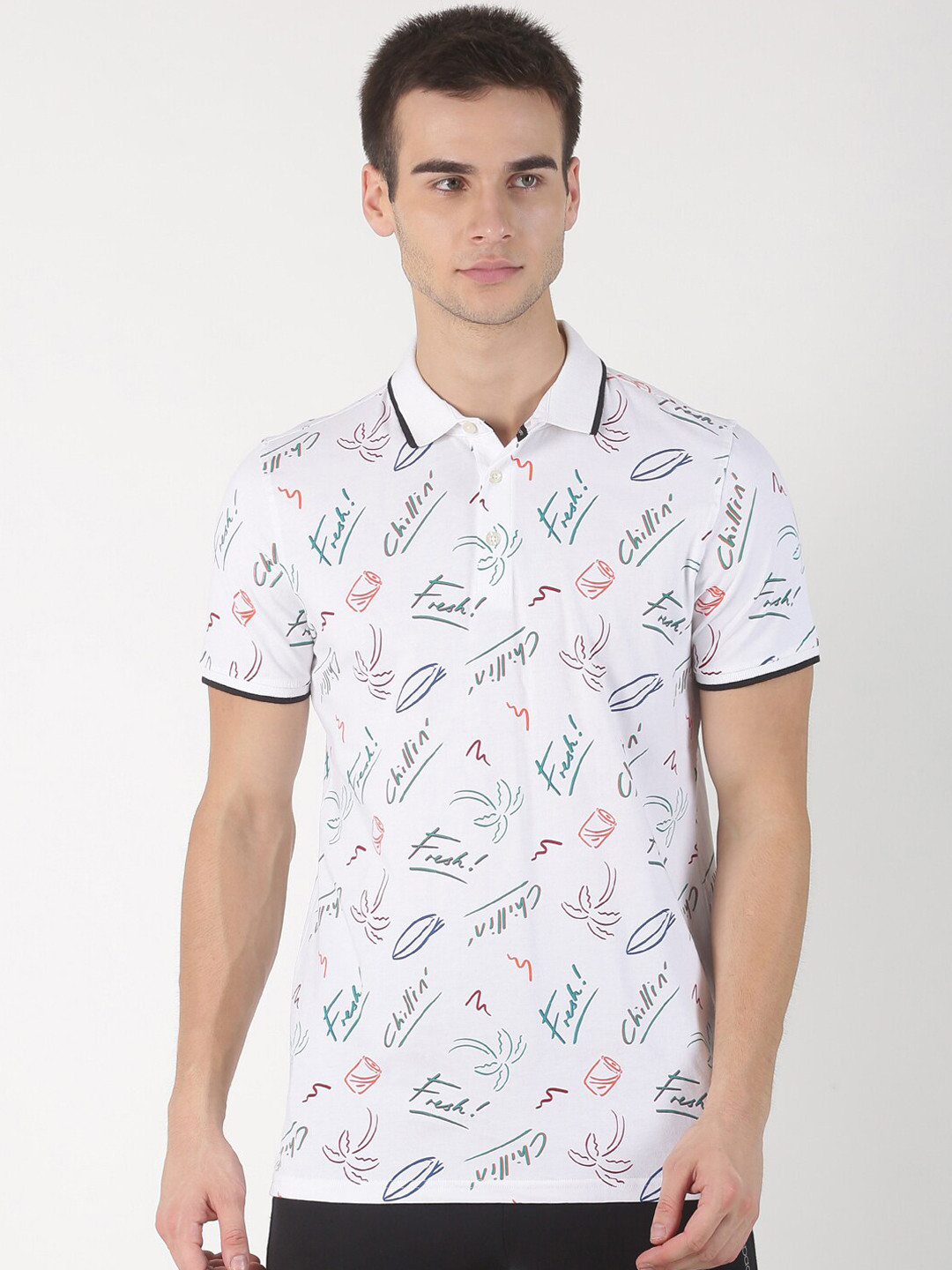 

Soul Space Men White Printed Polo Collar Organic Cotton T-shirt