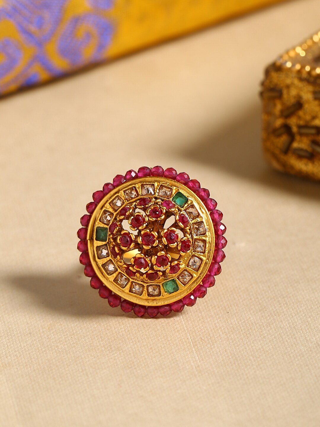 

Shoshaa Gold-Plated Pink & White Stone-Studded Beaded Handcrafted Adjustable Finger Ring