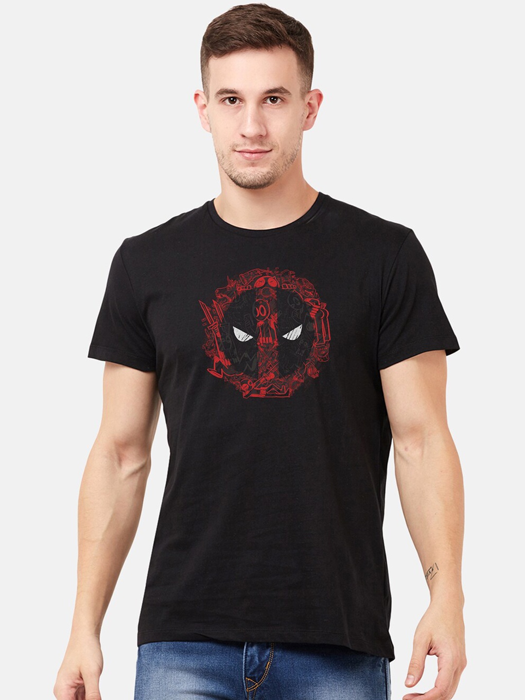 

Free Authority Men Black Deadpool Printed Round Neck Pure Cotton T-shirt
