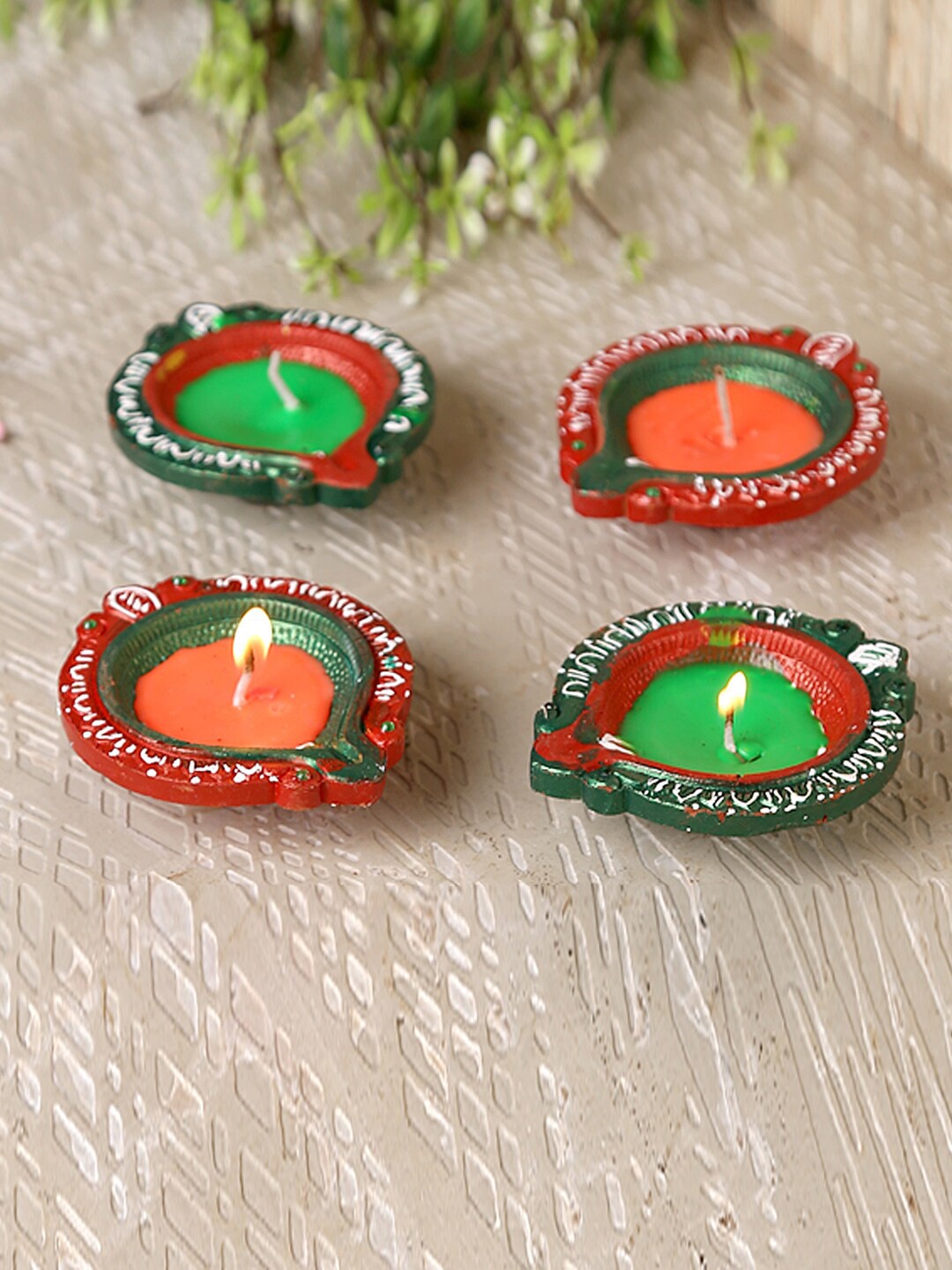 

Aapno Rajasthan Set Of 4 Handcrafted Wax Filled Big Terracotta Diyas, Green