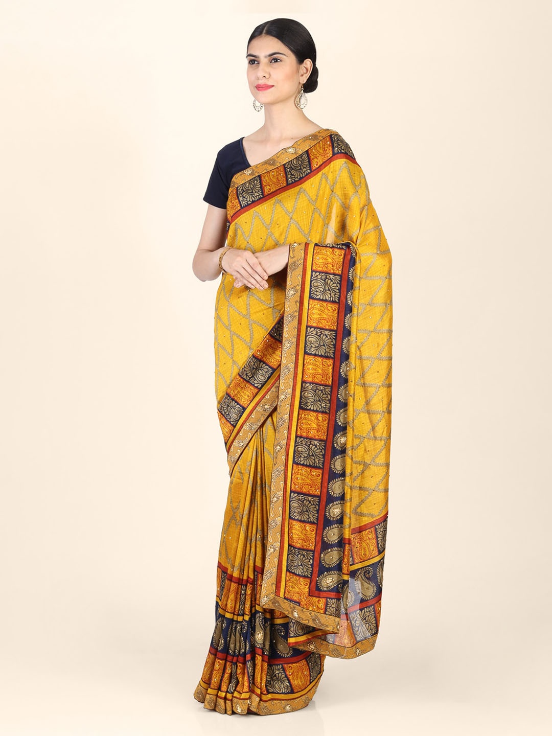 

CLAI WORLD Yellow Checked Poly Georgette Saree