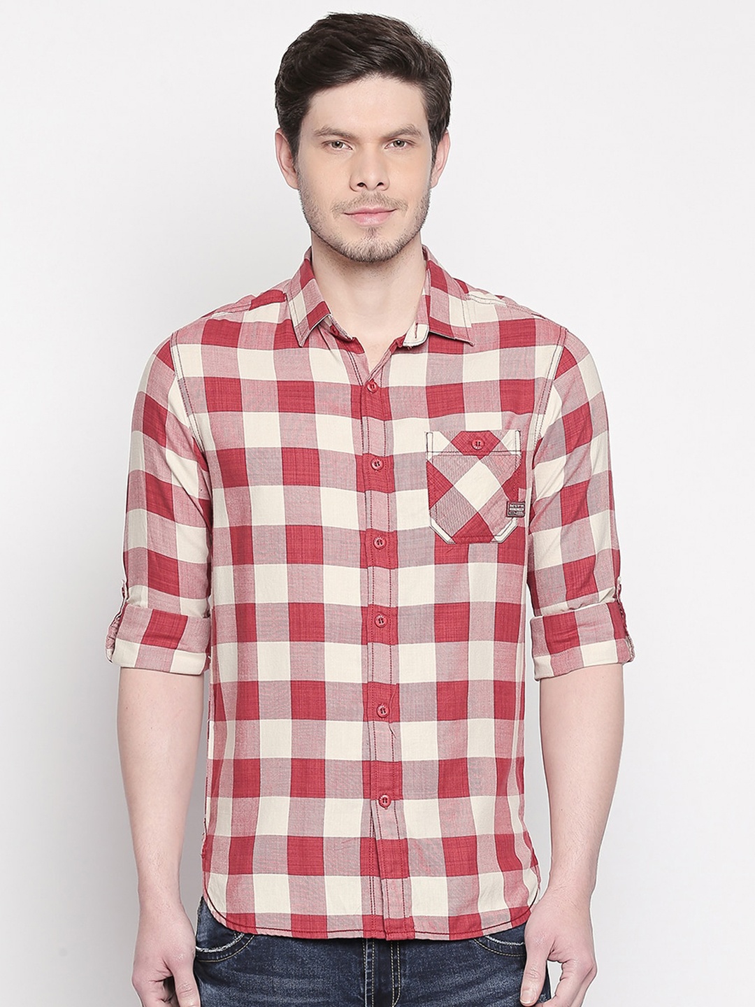 

Mufti Men Off-White & Red Slim Fit Checked Casual Shirt