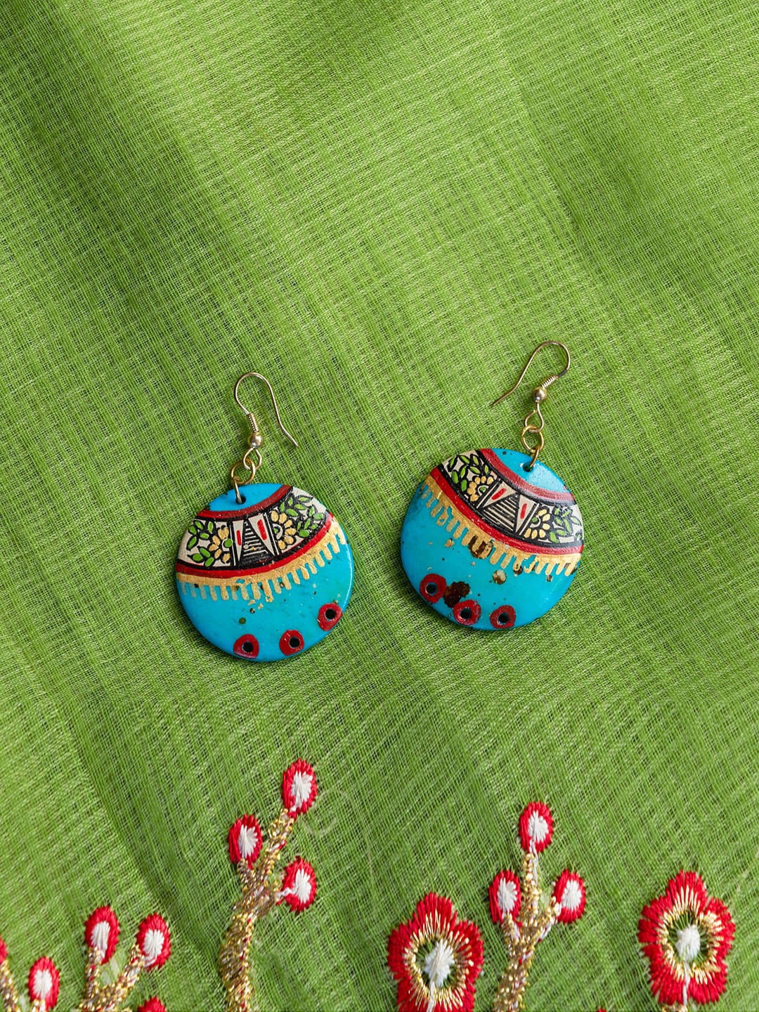 

ExclusiveLane Tribal Floral Rounds Hand-Painted Bohemian Resin Earrings, Blue