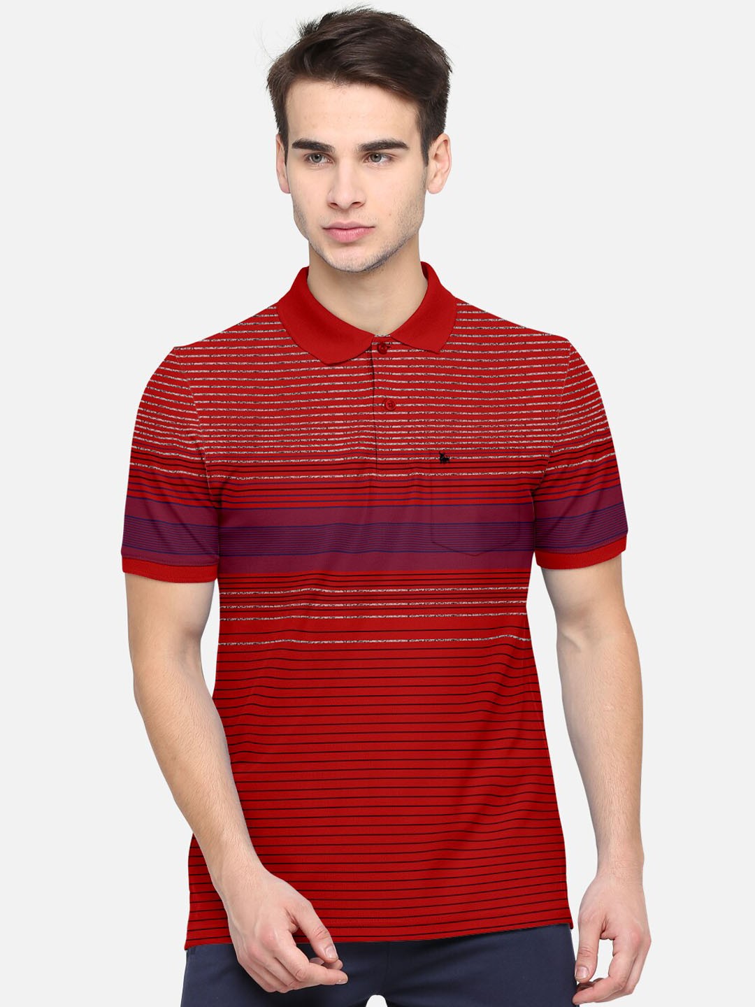 

BULLMER Men Red Striped Polo Collar T-shirt