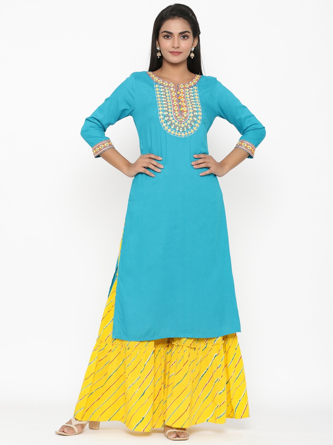 

RANGMAYEE Women Turquoise Blue & Yellow Yoke Design Kurta with Palazzos
