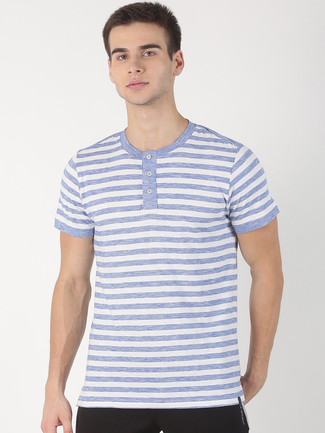 

Soul Space Men White Striped Henley Neck Organic Cotton T-shirt