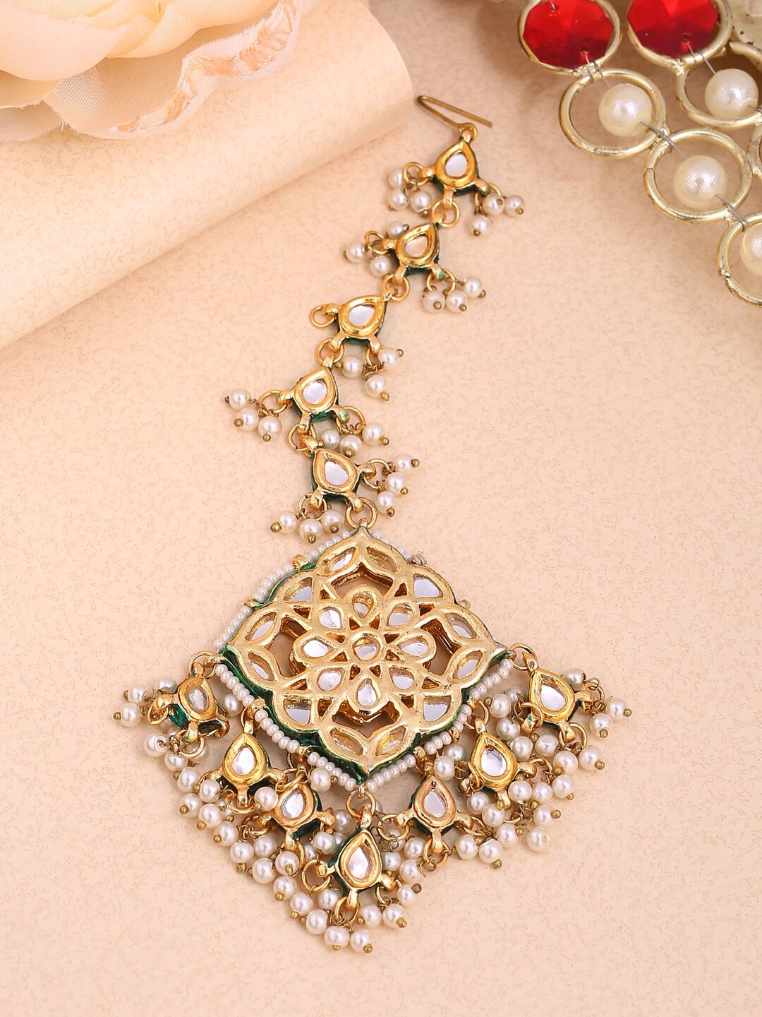 Shoshaa Gold-Plated & White Kundan-Studded Beaded Handcrafted Maang Tikka
