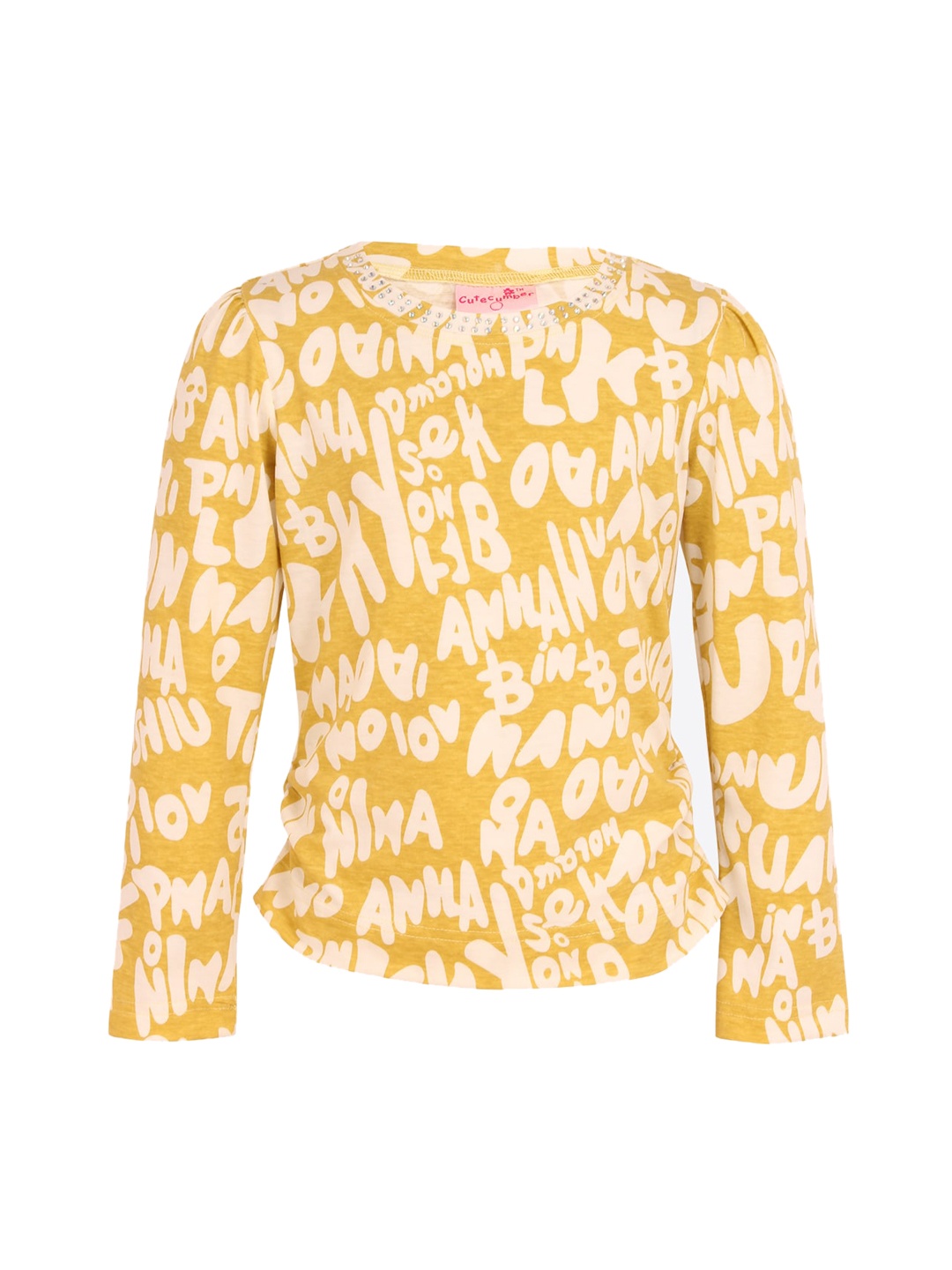 

CUTECUMBER Girls Yellow Printed Round Neck T-shirt