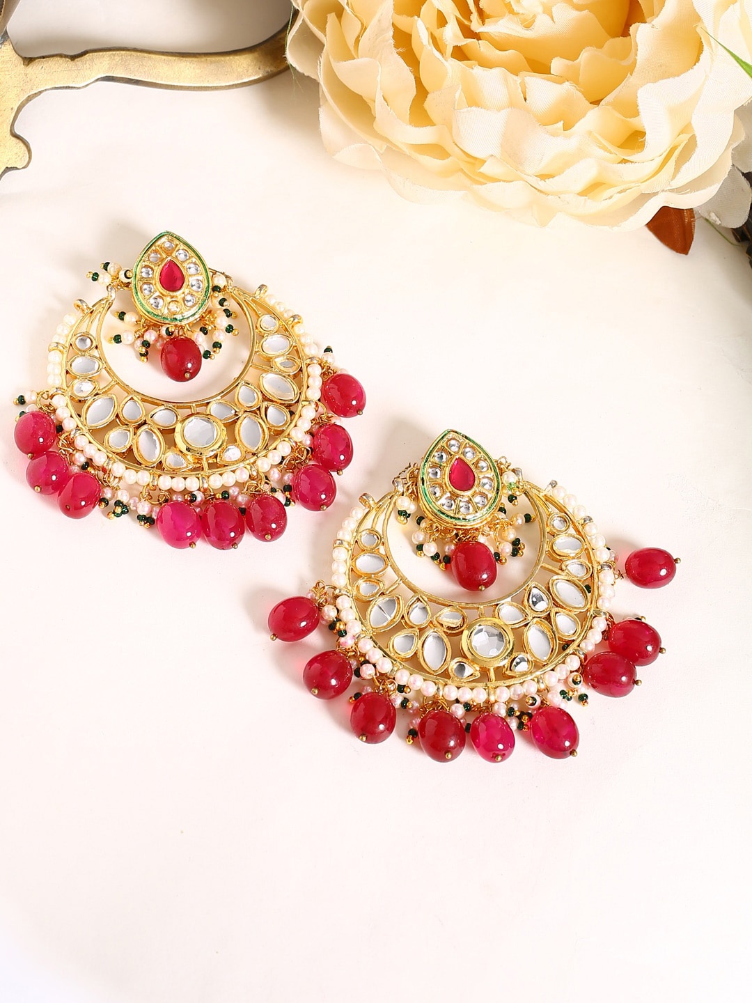 

Shoshaa Magenta & Gold-Plated Handcrafted Kundan Classic Chandbalis