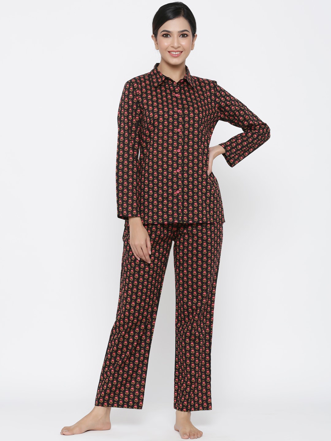 

Jaipur Kurti Women Black & Pink Printed Night suit