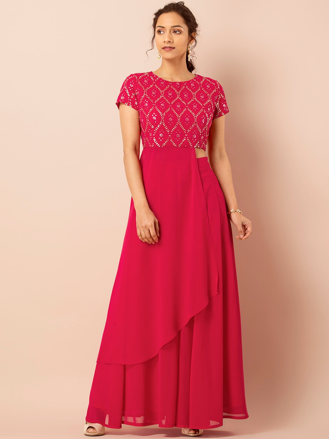 

INDYA Women Fuchsia Pink Embroidered Side Drape Top
