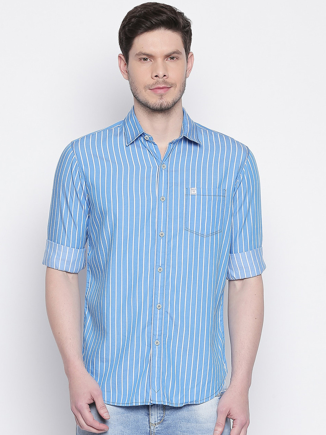 

Mufti Men Blue & White Slim Fit Striped Casual Shirt