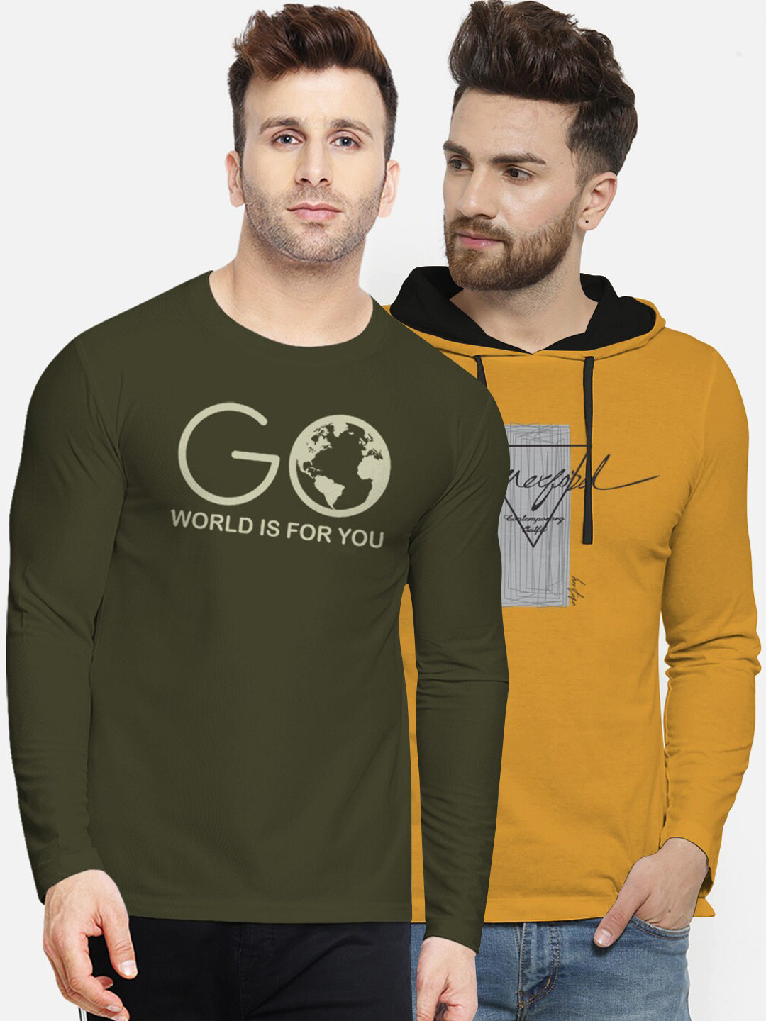 

BULLMER Men Pack of 2 Printed Pure Cotton T-shirts, Olive