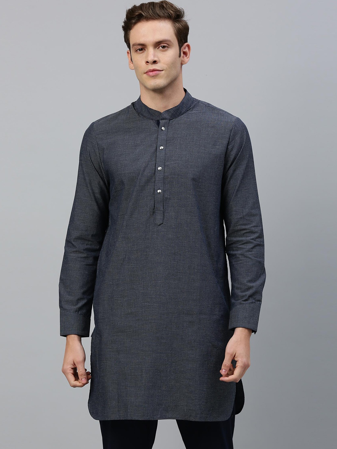 

RARE RABBIT Men Navy Blue Thread Work Dobby Kurta