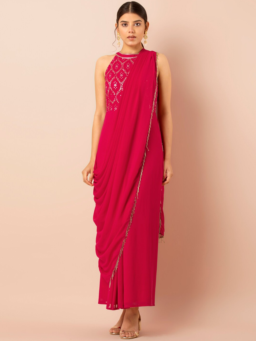 

INDYA Pink Embroidered Halter Saree Tunic with Attached Dupatta