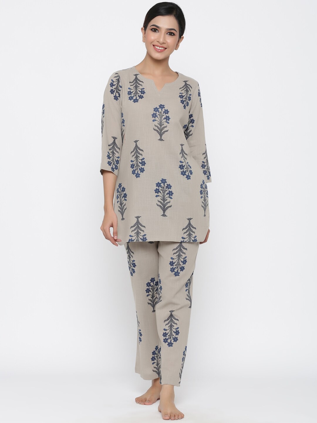 

Jaipur Kurti Women Grey & Blue Printed Night suit