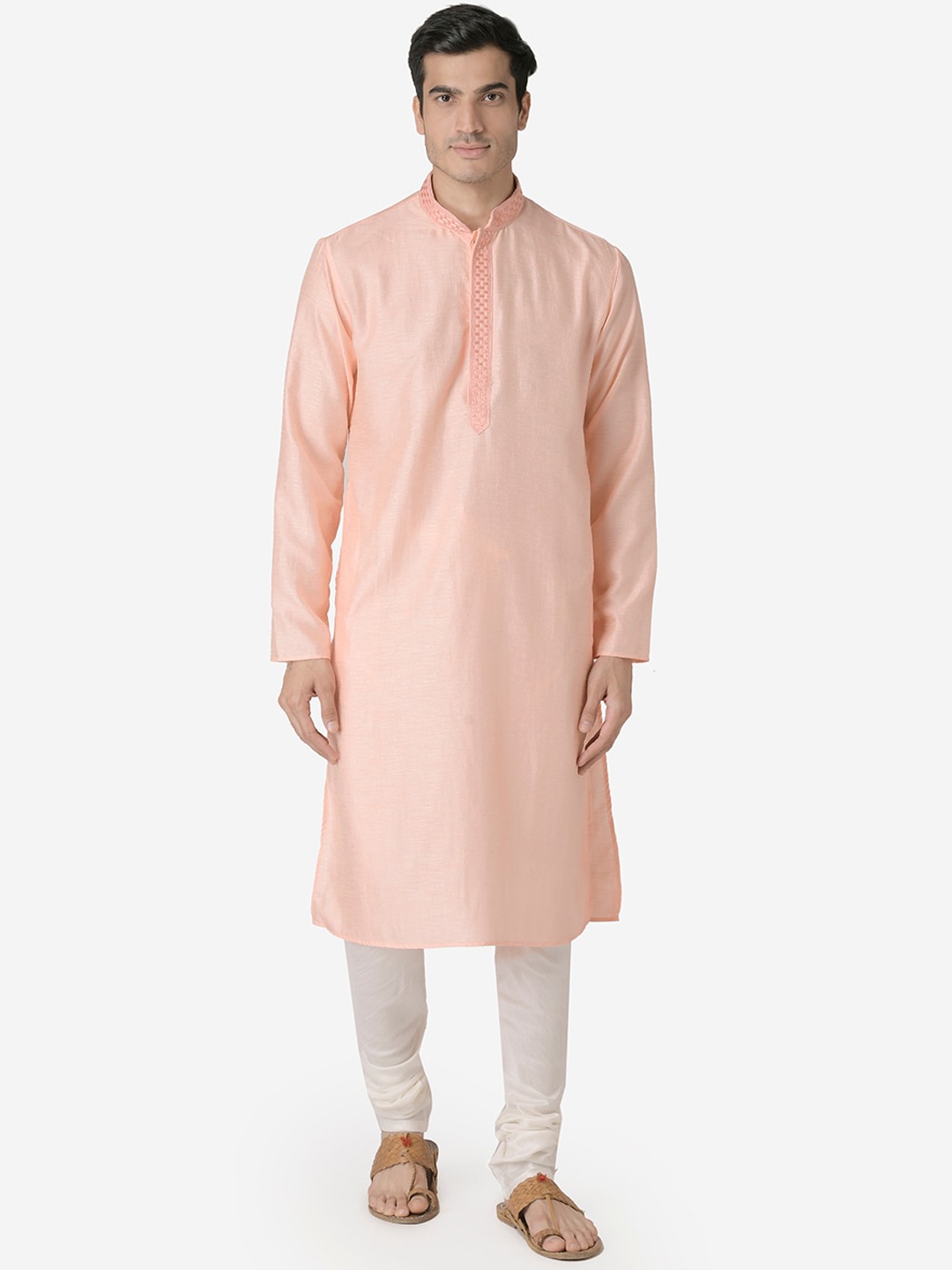 

Sanwara Men Peach-Coloured & Off-White Yoke Design Kurta with Churidar