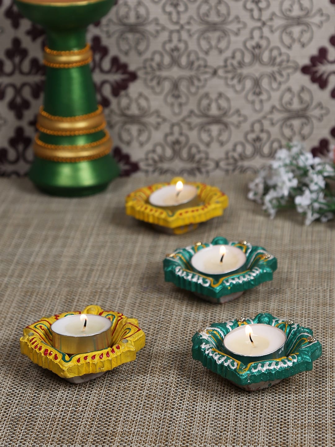 

Aapno Rajasthan Set Of 4 Decorated Terracotta Diyas, Green