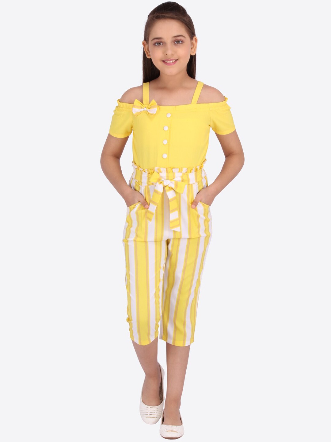 

CUTECUMBER Girls Yellow & Off-White Striped Culotte Jumpsuit