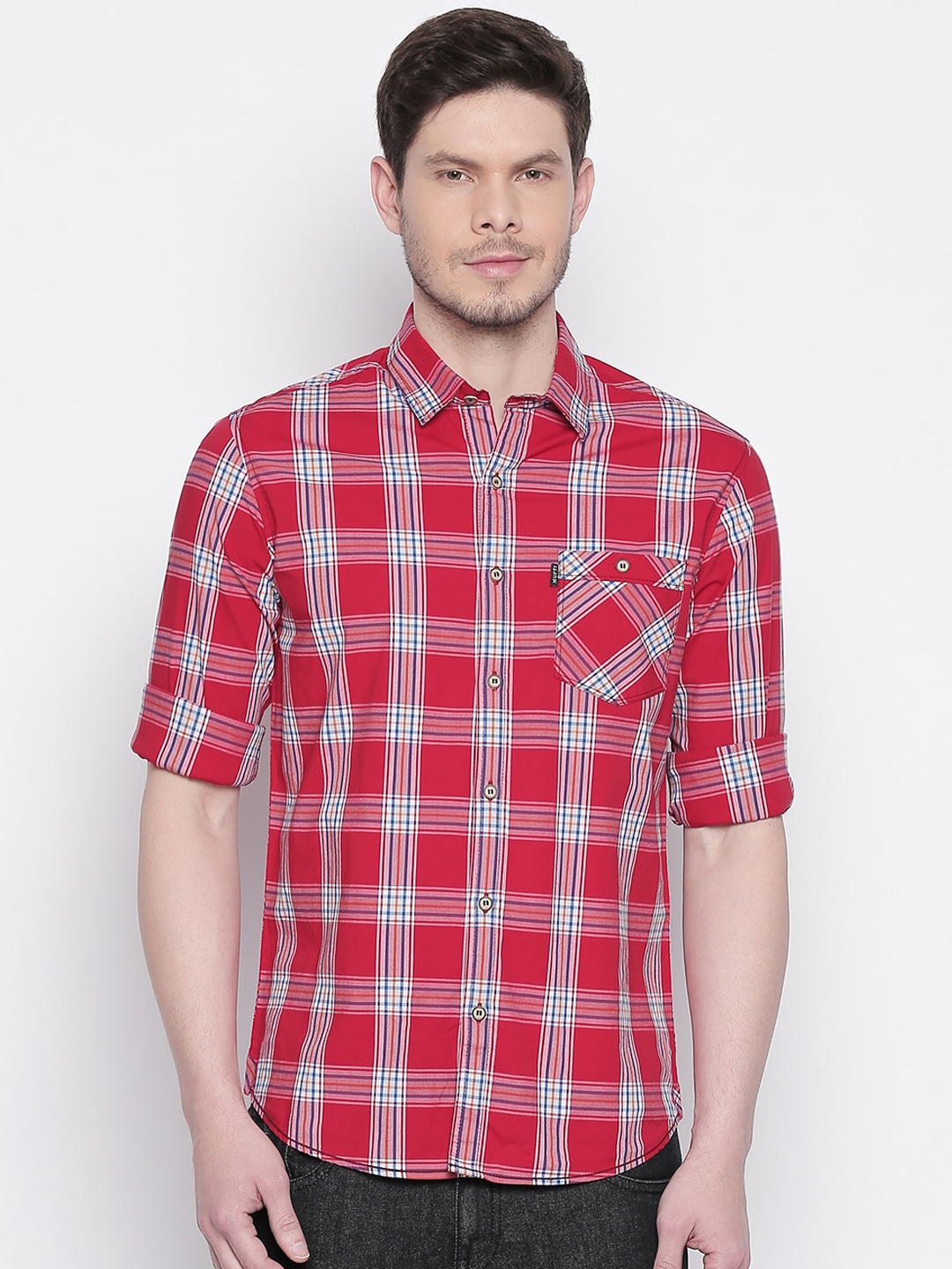 

Mufti Men Red Slim Fit Checked Casual Shirt