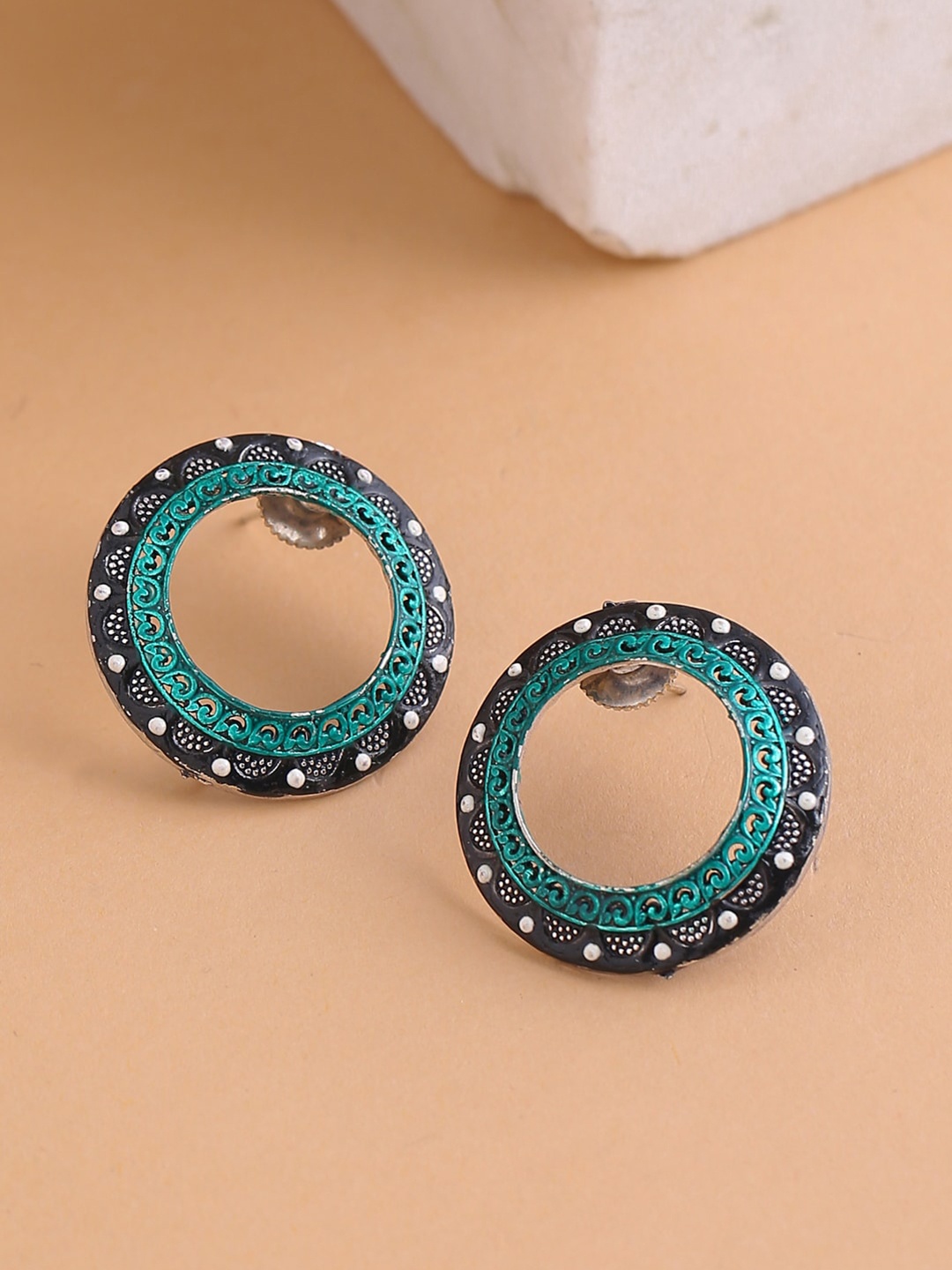 

Shoshaa Green & Black Gold-Plated Enamelled Circular Drop Earrings