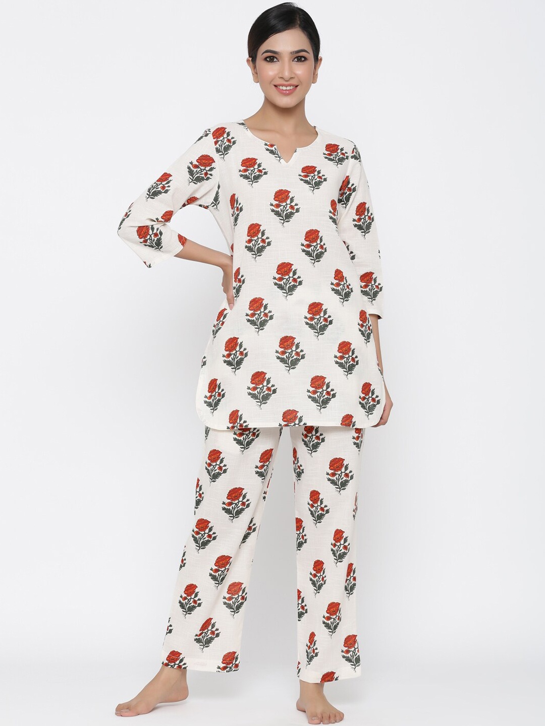 

Jaipur Kurti Women White & Red Printed Night suit