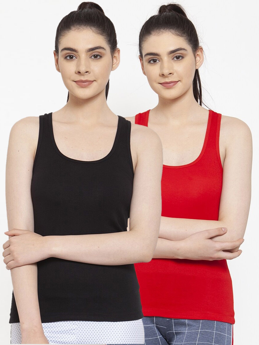 

Friskers Women Pack Of 2 Black & Red Solid Tank Tops