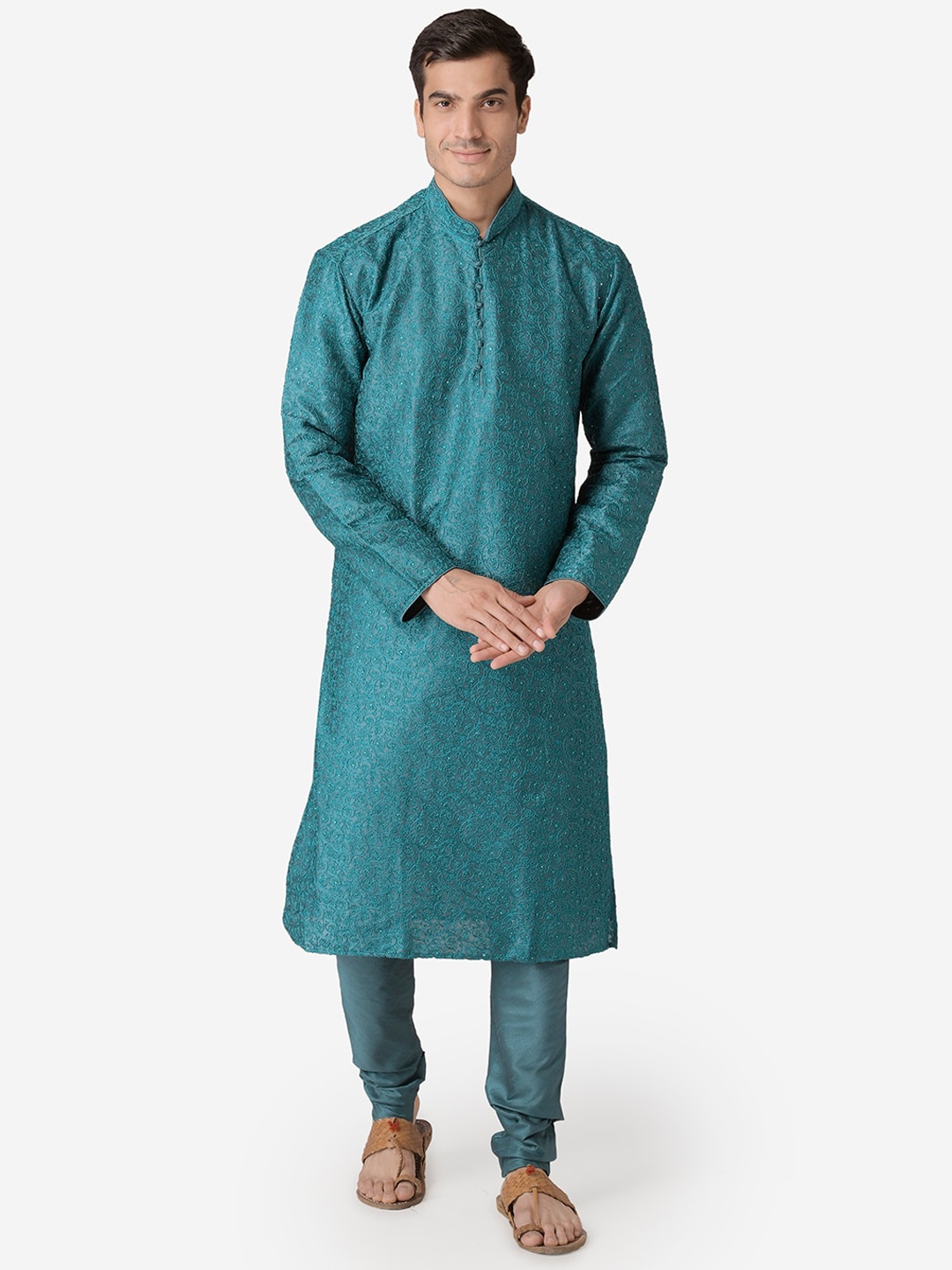 

Sanwara Men Teal Green Embroidered Straight Kurta