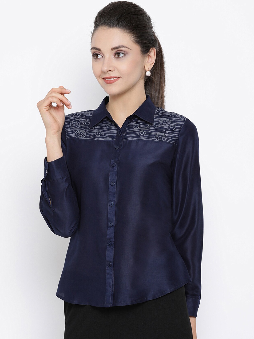

OFFICE & YOU Women Navy Blue Solid Shirt Style Top