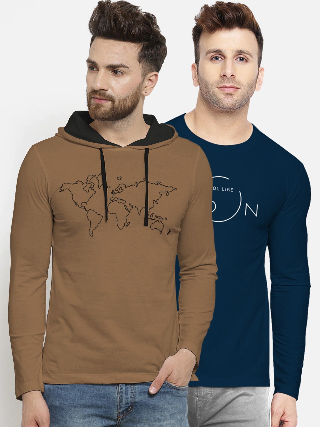 

BULLMER Men Pack Of 2 Navy Blue & Brown Printed Round Neck T-shirt