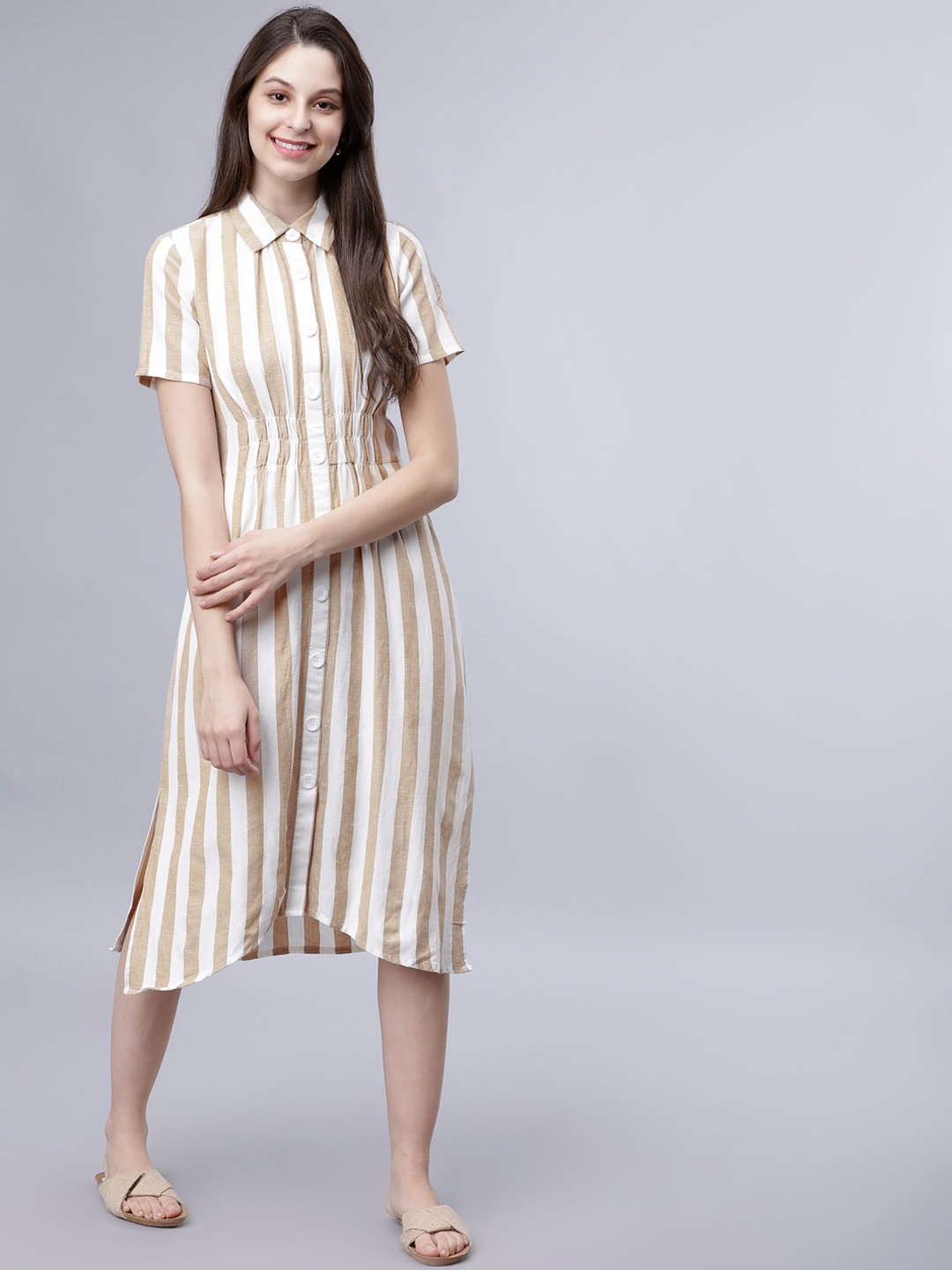 

Tokyo Talkies Women Off-White & Beige Striped Shirt Dress
