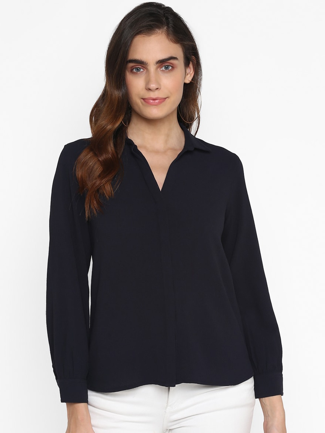 

HOUSE OF KKARMA Women Navy Blue Regular Fit Solid Casual Shirt