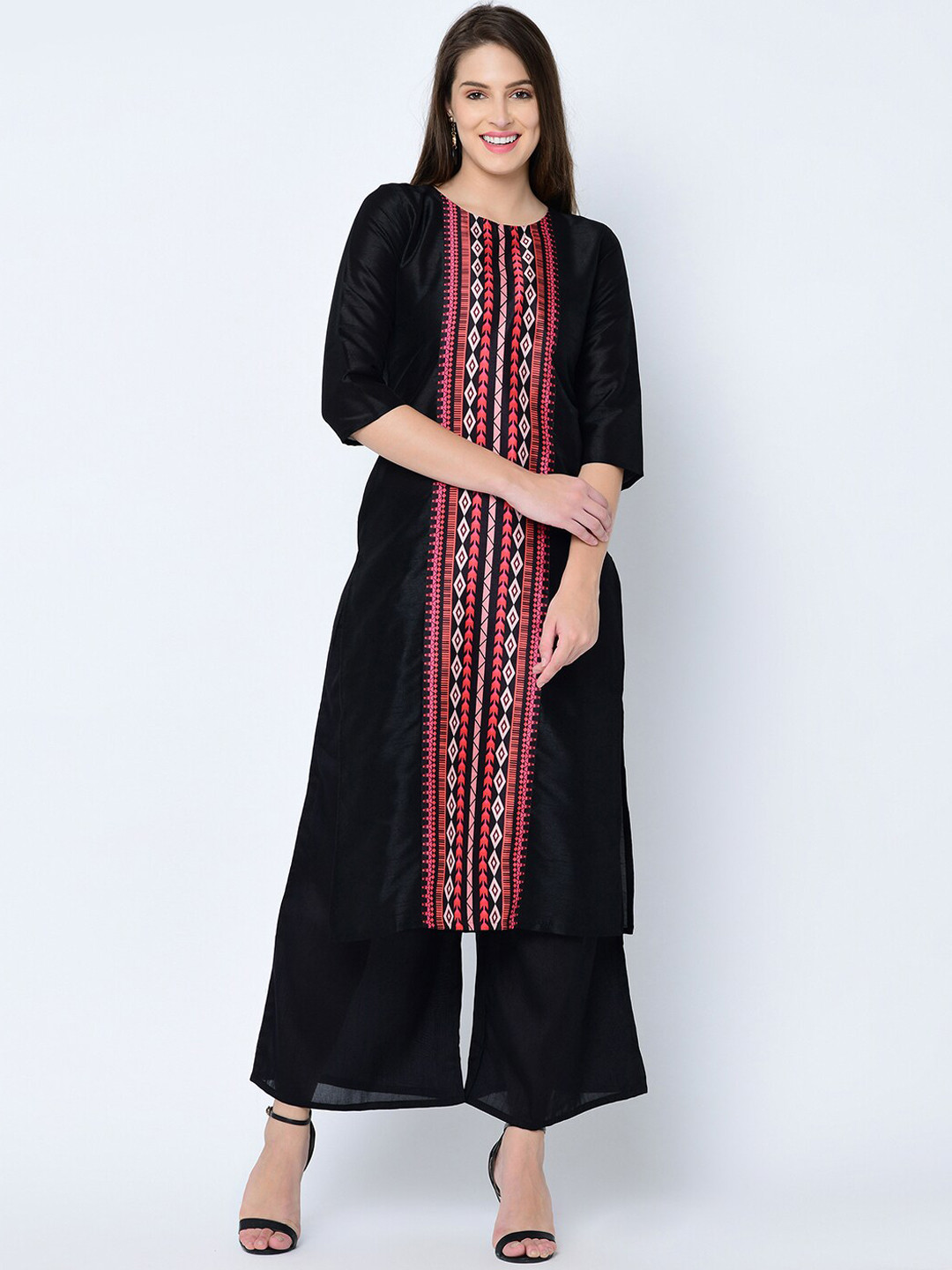 

ZIYAA Women Black & Pink Printed Straight Kurta