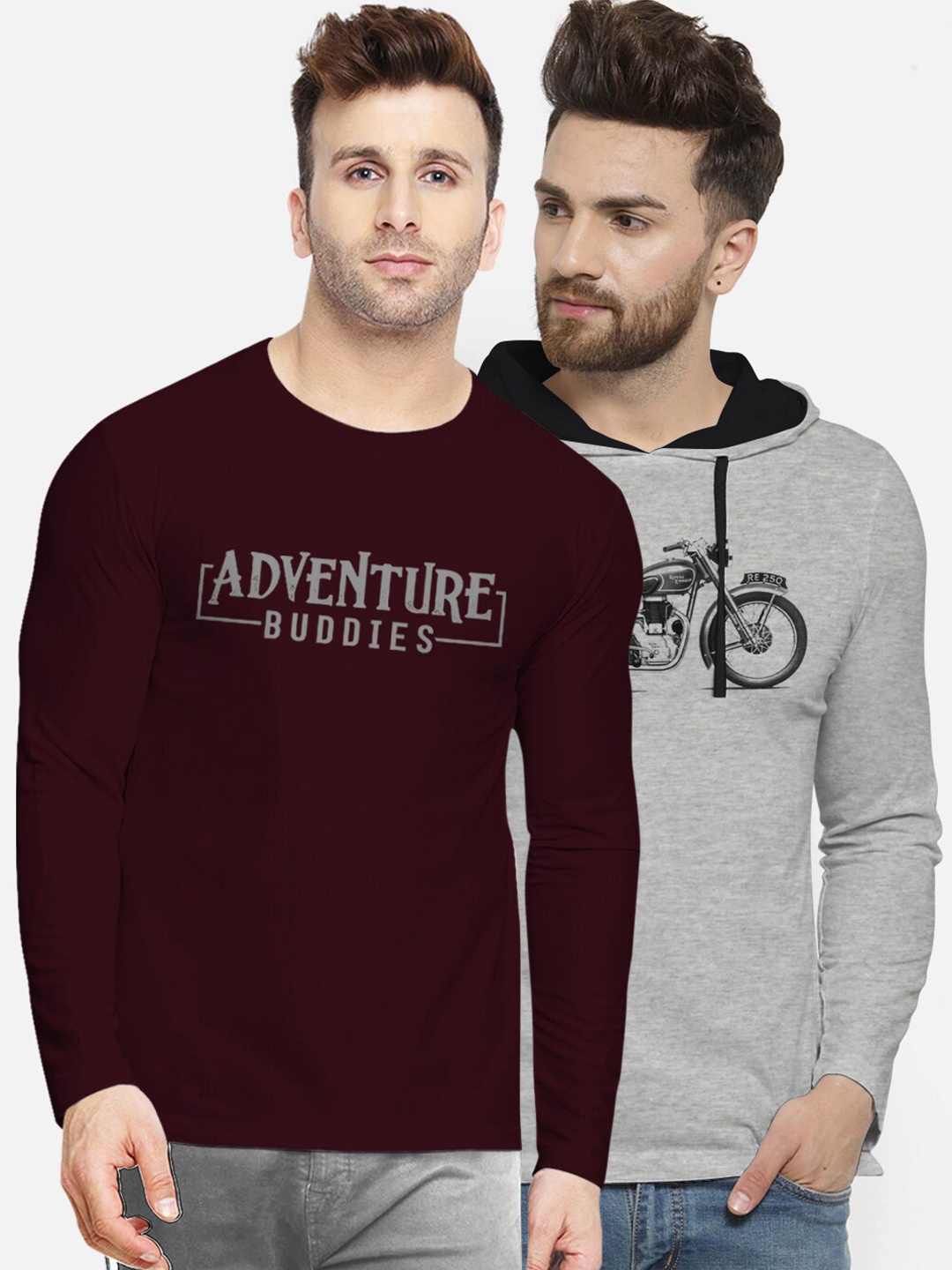

BULLMER Men Pack Of 2 Maroon & Grey Printed Hood T-shirts