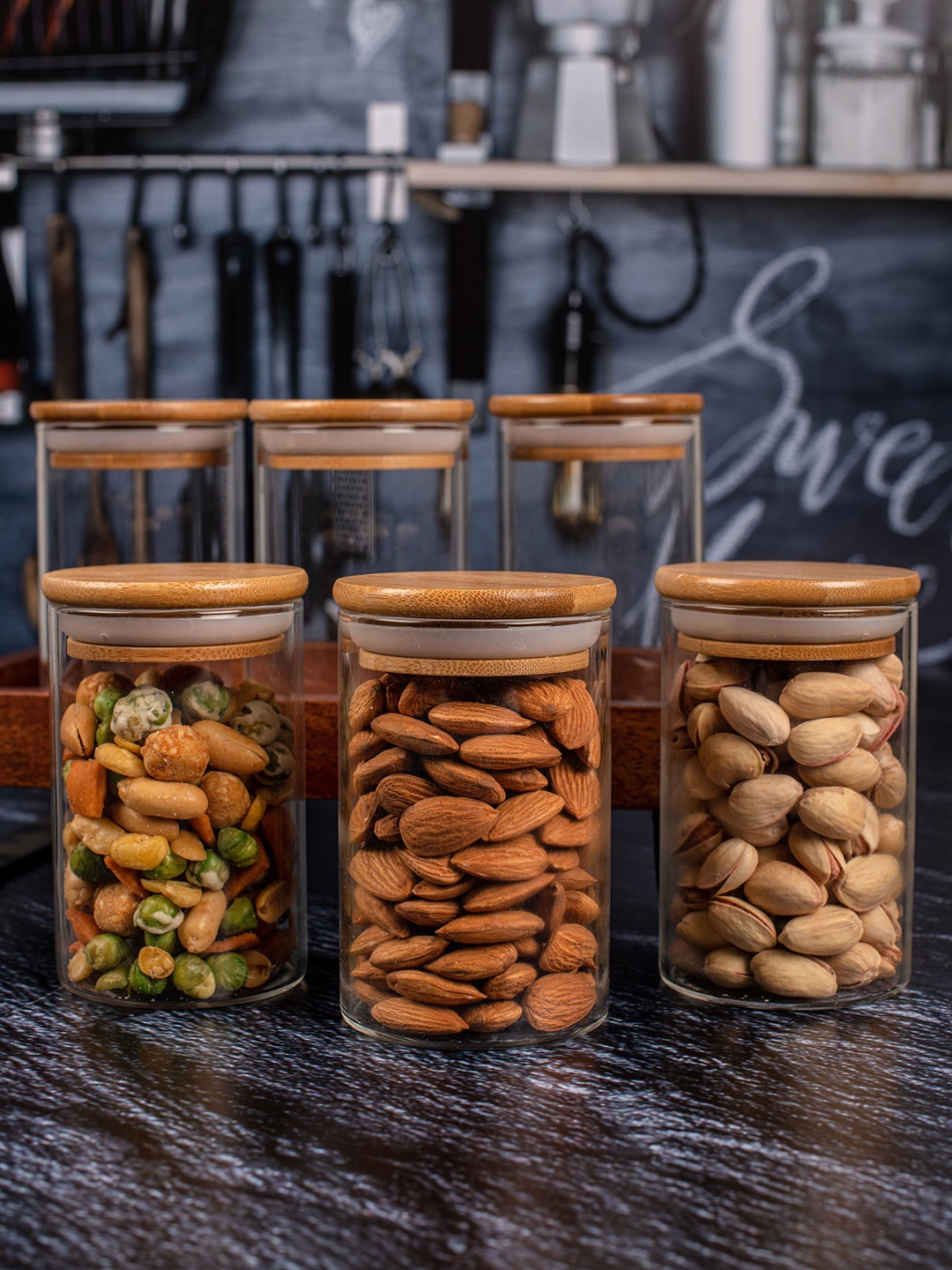 

GOODHOMES Set of 6 Transparent Glass Storage Jar With Wooden Lid