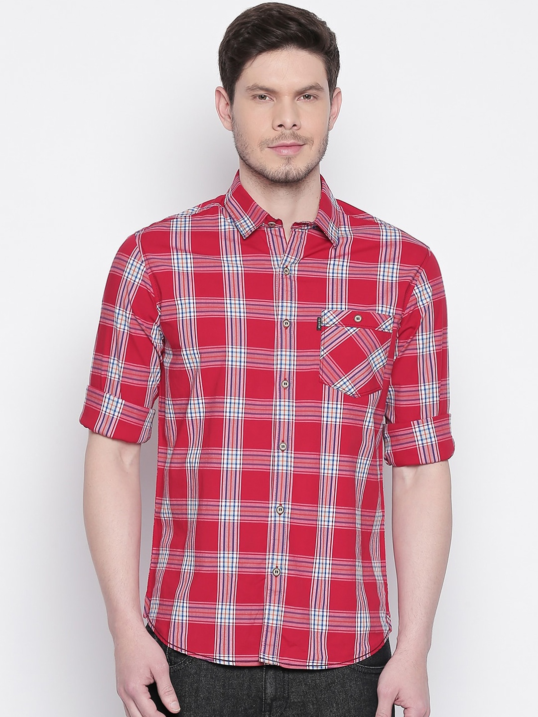 

Mufti Men Red & White Slim Fit Checked Casual Shirt
