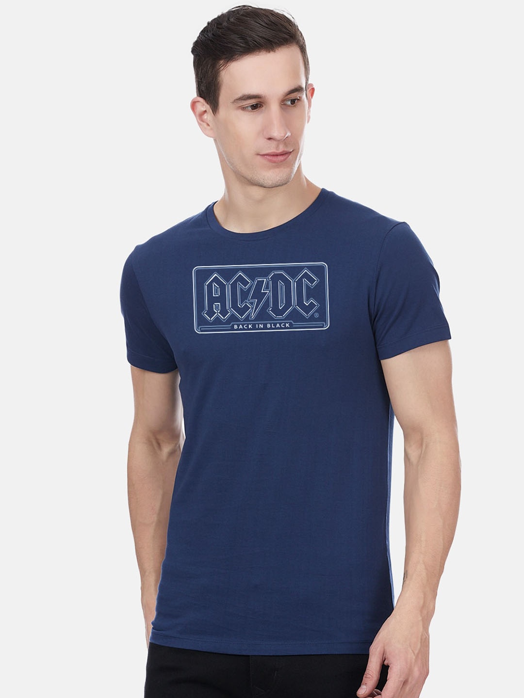 

Free Authority Men Navy Blue ACDC Printed Round Neck Pure Cotton T-shirt