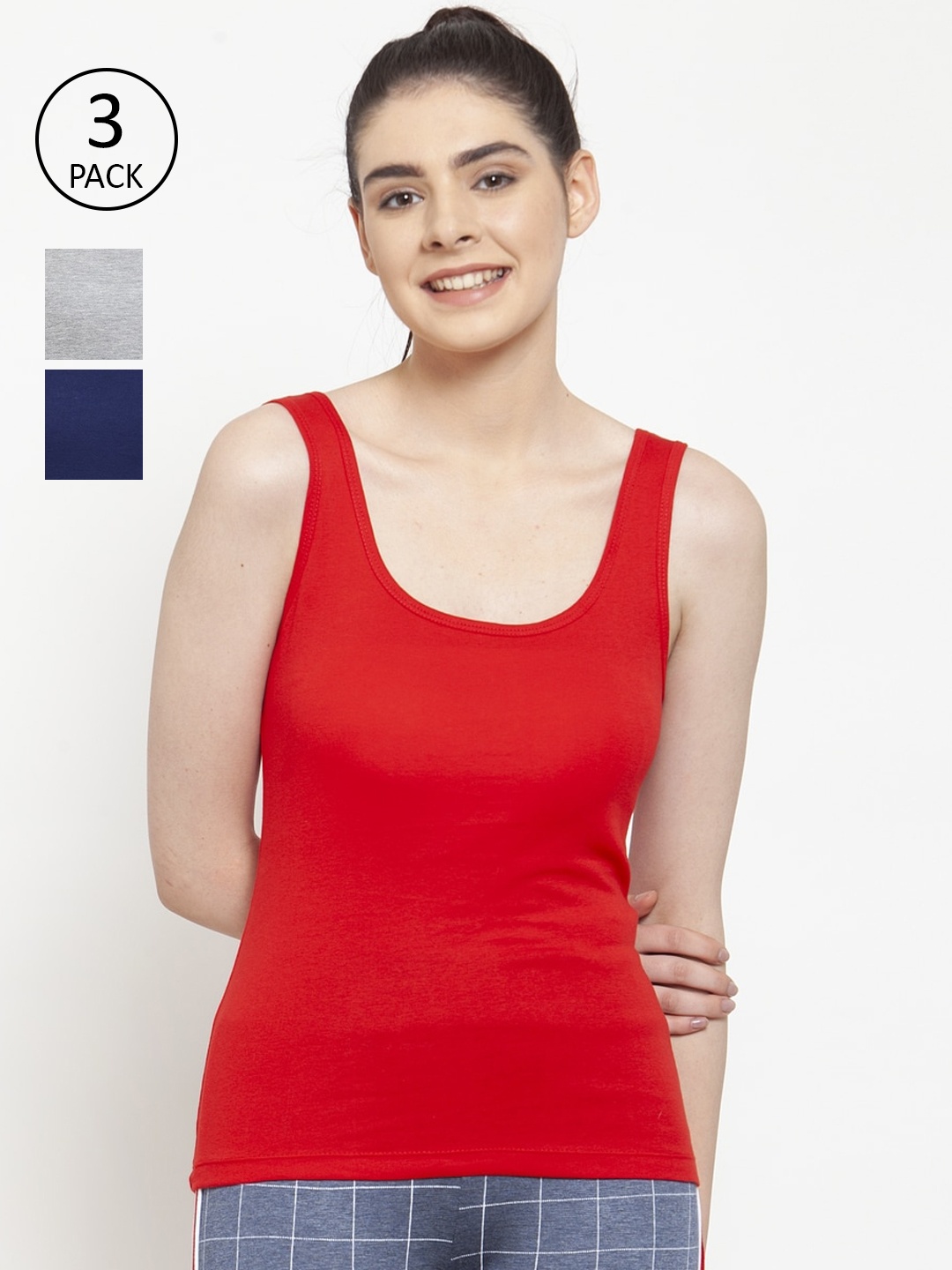 Friskers Women Pack Of 3 Solid Knitted Tank Tops, Red