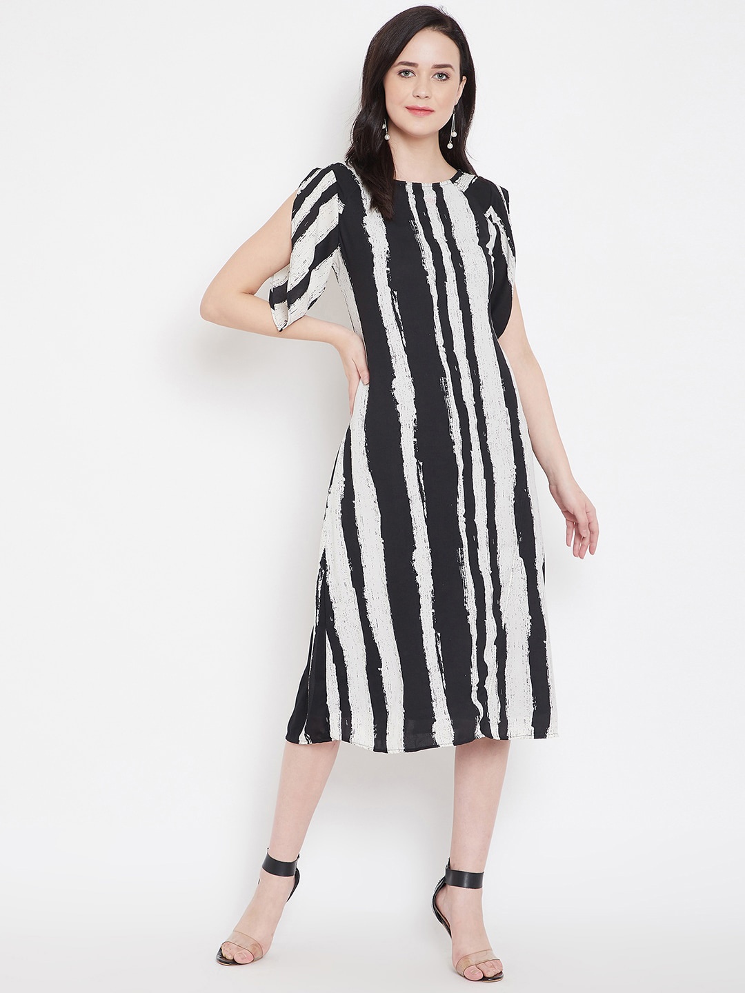 

Ruhaans Women Black Striped A-Line Dress