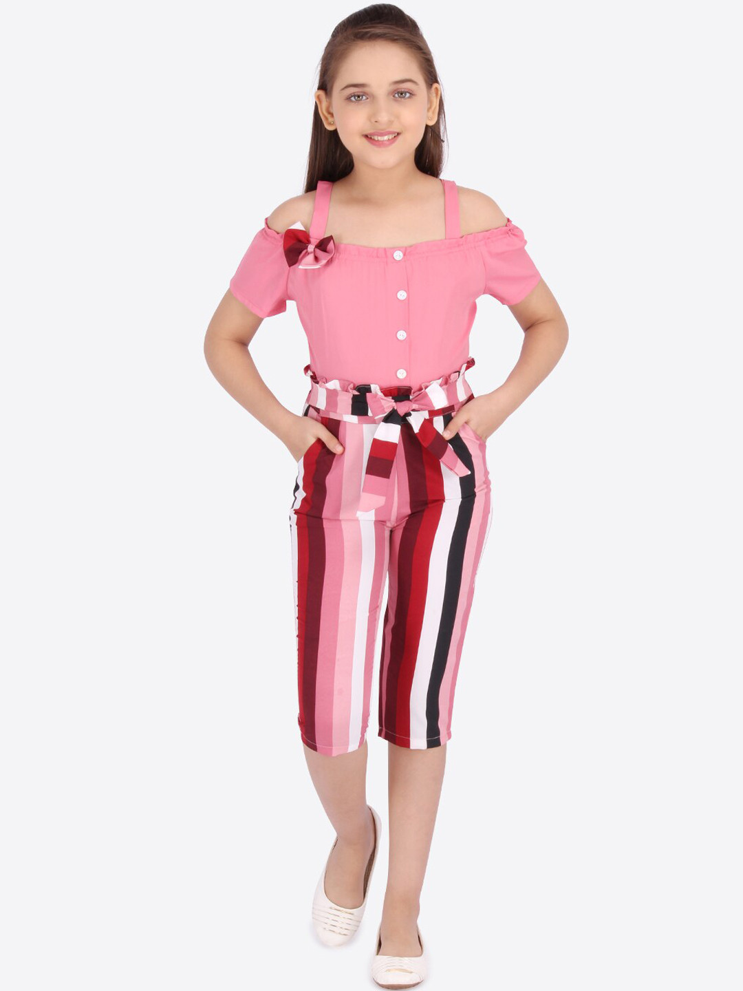 

CUTECUMBER Girls Maroon & Off-White Striped Culotte Jumpsuit