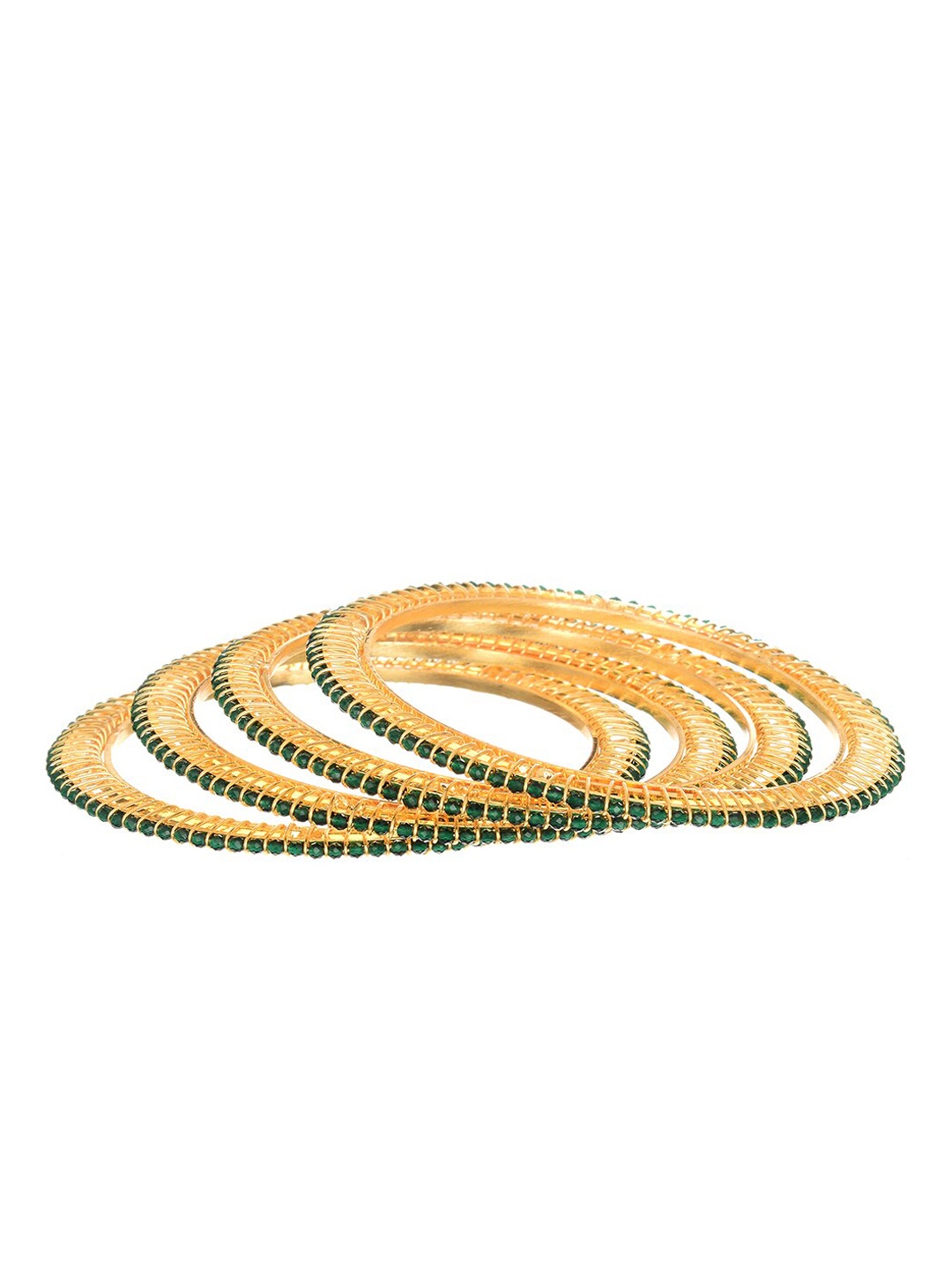 

INDYA Set of 4 Gold-Plated Green Stone-Studded Contemporary Bangles